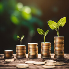 Fototapeta na wymiar A seedling growing on a pile of coins has a natural backdrop, blurry green, money-saving ideas, and economic growth.