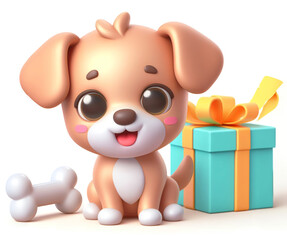 선물과 뼈다귀 옆에서 앉아있는 귀여운 강아지 - Generative AI