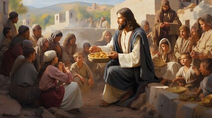 Jesus feeds rhe five thousand - obrazy, fototapety, plakaty