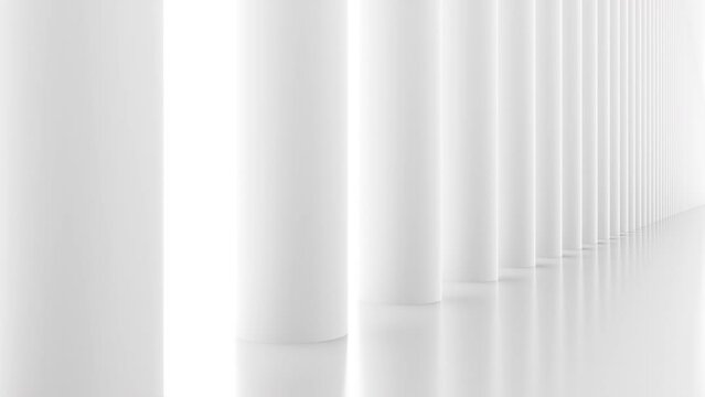 Futuristic empty white corridor with columns and bright light. Seamless looping animation