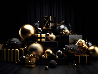 Magnificent Christmas Gift Boxes And Golden Decorations Create A Stylish Atmosphere For The New Year, generative ai