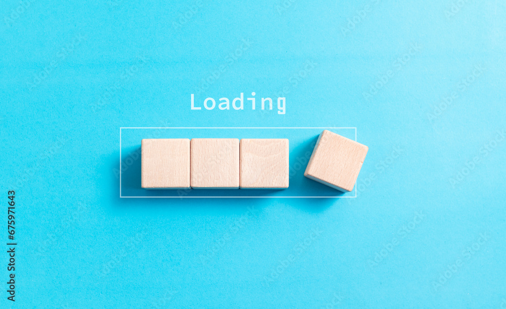 Poster loading, wood block in progress bar on blue background for download software and waiting to loading 