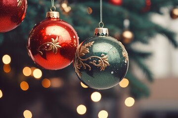 Christmas ornaments on a tree.