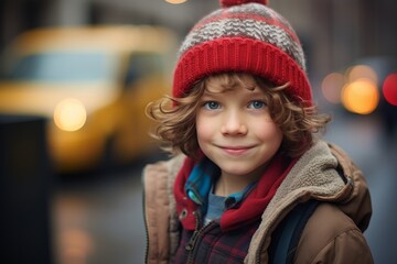 Portrait of a cute little boy in a warm hat and coat on the street.
