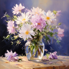 Oil painting. Bouquet of wild flowers in a transparent vase