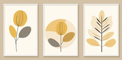 Three Art Prints with Abstract Organic Leaf Shapes, Nature-Inspired Designs.