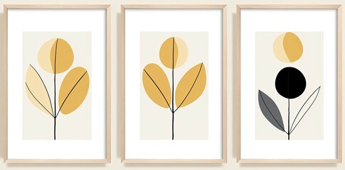 Three Art Prints with Abstract Organic Leaf Shapes, Nature-Inspired Designs.