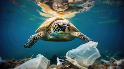 Deurstickers sea turtle in a dirty ocean, garbage, plastic bottles, water pollution, environmental problems, ecology, harm to animals, waste, nature in danger, eco-consciousness, global disaster, trash, shell, eco © Julia Zarubina
