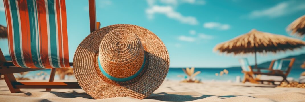 A beach chair with a straw hat perched on top. Generative Ai.