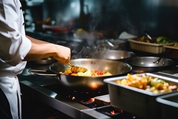 Chef in hotel or restaurant kitchen cooking only hands