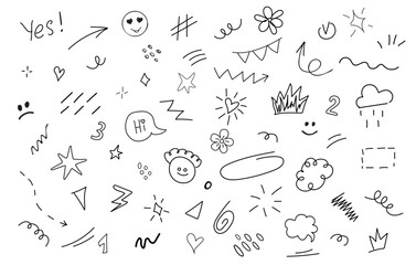 Vector set of different hand drawn, doodle element crowns, hearts, stars, flowers, sparkles, arrows, lightnings, smiley, signs and symbols іsolated on white background.