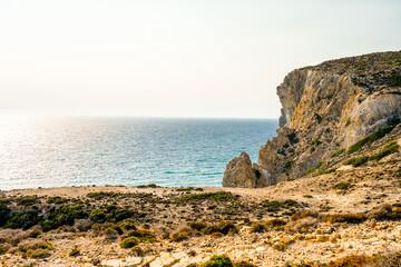 View of the landscape and the Mediterranean Sea from a mountain on the Greek island of Kos.	