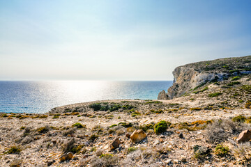 View of the landscape and the Mediterranean Sea from a mountain on the Greek island of Kos.	