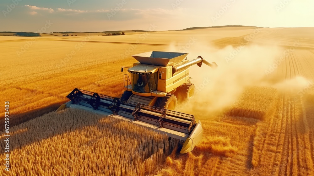 Poster combine harvester on the field of wheat. perfect summer view from flying drone of harvesting wheat o