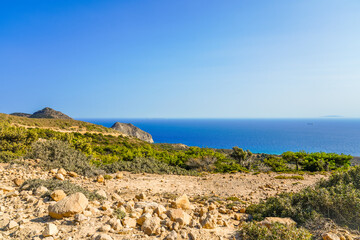View of the landscape and the Mediterranean Sea from a mountain on the Greek island of Kos.	