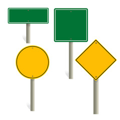 road sign blank template. Road sign set traffic blank sign mockup blank. Highway signs.  yellow pointers on the road, traffic control signs, and road direction signboards. Vector illustration