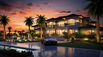 luxury home exterior: mansion with green yard and three car garage with glowing interior lights and sunset sky - obrazy, fototapety, plakaty