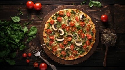 Healthy, gluten free cauliflower crust pizza with tomatoes, mushrooms and spinach. Top down view...