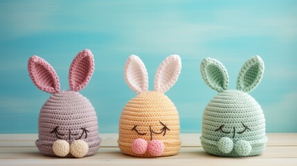 Colotful crochet hats with ears for Easter eggs. Crocheted hat with bunny ears. Easter Greeting card. Happy Easter holiday concept with cute handmade eggs with knitted bunny hats with copy space.