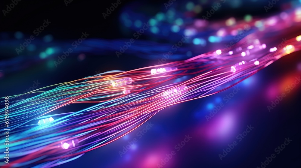 Poster glowing fiber optic strings. suitable for technology, internet and computer themes. 3d illustration