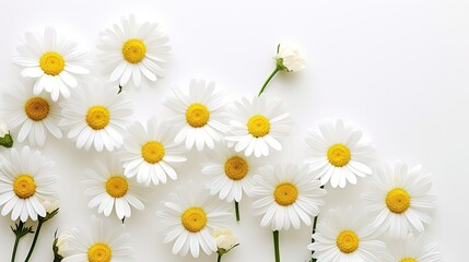 Aesthetic chamomile daisy flowers on white background. Minimal delicate still life floral composition with copy space