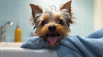 Yorkshire terrier in a bath towel showing tongue