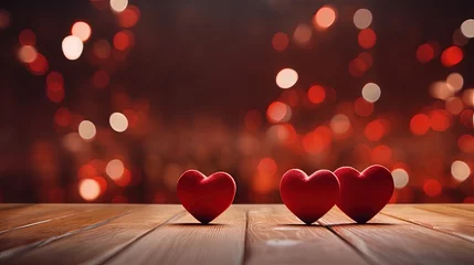 Fotobehang Close up of red hearts on wooden table against defocused lights. St. Valentine's Day background © HN Works