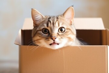 Happy cat closeup portrait with funny smile on cardboard