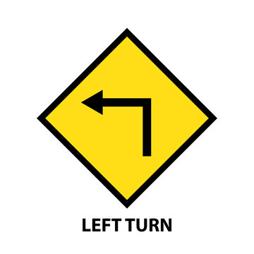 Yellow road sign: Left arrow sign. Common on roads sign. Vector illustration on white background.