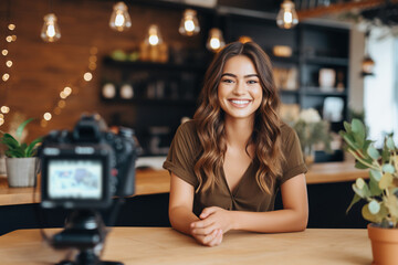 A cheerful young vlogger records a video in a cozy cafe, smiling at the camera, creating engaging content for her popular online channel.