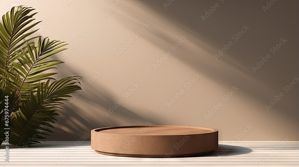 Poster summer product display podium with shadow nature leaves with brown wall and sea background. 3d rende