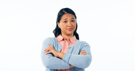 Portrait, attitude and an asian woman arms crossed in studio isolated on a white background for...