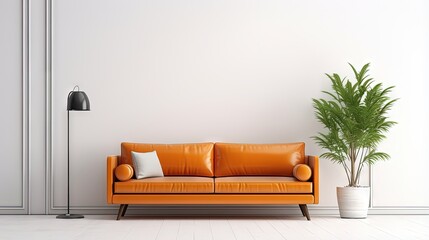 White wall interior living room have orange leather sofa and decoration minimal.3d rendering - obrazy, fototapety, plakaty