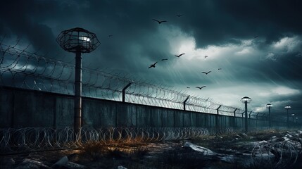The fence of the correctional facility with barbed wire on the background of a gloomy cloudy dark blue sky.