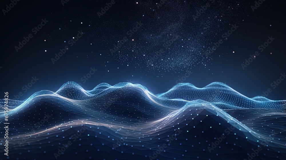 Fototapete Futuristic glowing wave. The concept of big data. Network connection. Cybernetics. Abstract background of dots connected by lines. Digital landscape. 3d rendering.