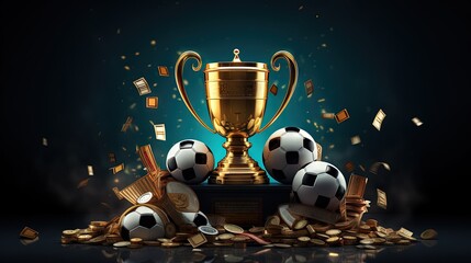 Sport betting, dark web banner with champion cup, gold coins and sport balls on square black podium - obrazy, fototapety, plakaty