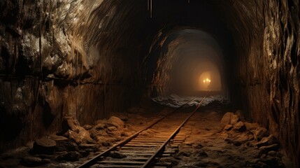 Mine gold underground tunnel railroad - obrazy, fototapety, plakaty