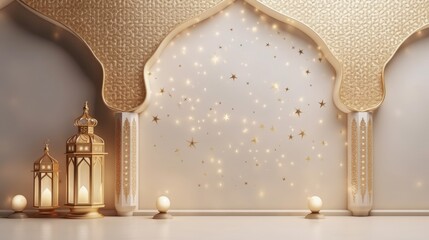 Ramadan Kareem Arabic Islamic White and Golden Luxury Ornamental Background with Islamic Pattern and Decorative Lanterns