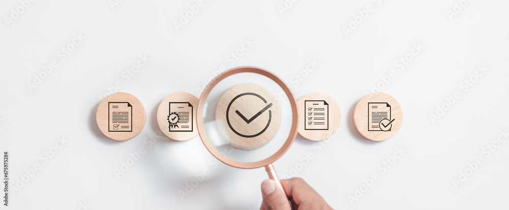 Poster document approval concept. magnifying glass focus to approved document icon on for approve business 