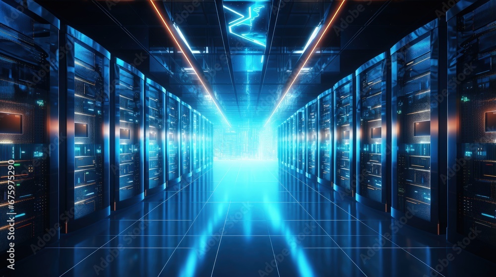 Poster 3d illustration banner of server room in data center full of telecommunication equipment,concept of 