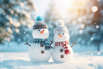 Fototapeta premium Two cheerful snowmen standing in winter