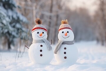 Obraz premium Two cheerful snowmen standing in winter