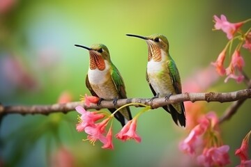 Fototapeta premium Two hummingbird bird with pink flower green blurred background