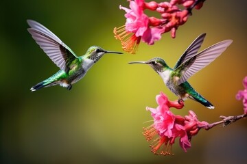Two hummingbird bird with pink flower green blurred background
