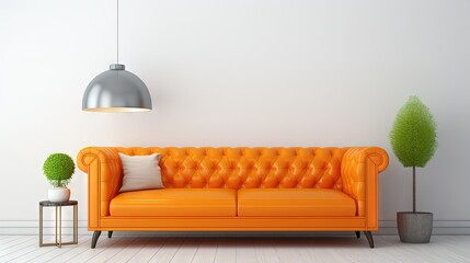 White wall interior living room have orange leather sofa and decoration minimal.3d rendering