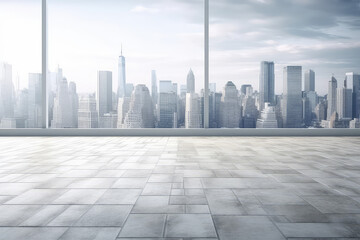 Panoramic skyline and buildings with empty brick concrete square floor cityscape. 3d render...