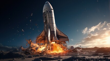 3d rendering of a retro space rocket broken after unsuccessful landing with its nose smashed into the ground. Space explorations. Broken dreams. Success and failure. - obrazy, fototapety, plakaty