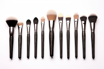 Set of professional makeup brushes on a white background. Generated by artificial intelligence