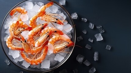 Shrimps in bowl on gray table. Frozen boiled seafood product. Top view