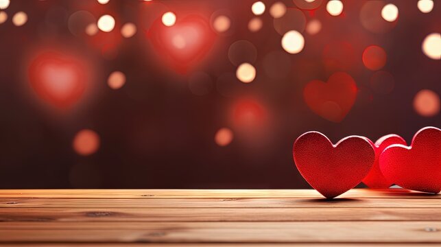 Close up of red hearts on wooden table against defocused lights. St. Valentine's Day background